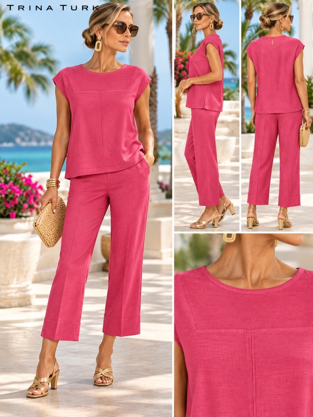 Trina Turk Pink Cap-Sleeve Top & Cropped Pant Set Size 8